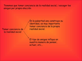 Tomar conciencia de la realidad social En la pubertad uno construye su identidad, es muy importante tomar conciencia de la propia realidad social. El tipo de amigos influye en nuestra manera de pensar, actuar, etc... Tenemos que tomar conciencia de la realidad social, i escoger los amigos por propia elección . 