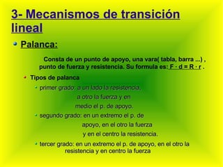 3- Mecanismos de transición lineal Palanca: Consta de un punto de apoyo, una vara( tabla, barra ...) ,  punto de fuerza y resistencia. Su formula es:  F · d = R · r  . Tipos de palanca primer grado: a un lado la resistencia, a otro la fuerza y en  medio el p. de apoyo. segundo grado: en un extremo el p. de  apoyo, en el otro la fuerza  y en el centro la resistencia. tercer grado: en un extremo el p. de apoyo, en el otro la  resistencia y en centro la fuerza 