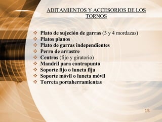 ADITAMIENTOS Y ACCESORIOS DE LOS TORNOS Plato de sujeción de garras  (3 y 4 mordazas) Platos planos Plato de garras independientes Perro de arrastre Centros  (fijo y giratorio) Mandril para contrapunto Soporte fijo o luneta fija   Soporte móvil o luneta móvil Torreta portaherramientas 