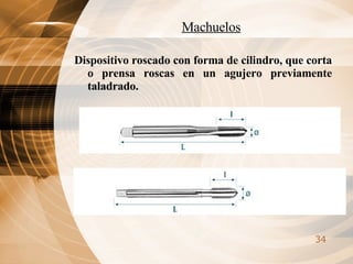 Machuelos Dispositivo roscado con forma de cilindro, que corta o prensa roscas en un agujero previamente taladrado. 