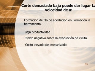 Corte demasiado baja puede dar lugar La velocidad de a: Formación de filo de aportación en Formación la herramienta.  Efecto negativo sobre la evacuación de viruta  Baja productividad  Costo elevado del mecanizado  