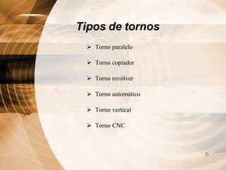Torno paralelo    Torno copiador Torno revólver Torno automático Torno vertical Torno CNC Tipos de tornos   