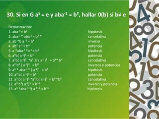 30. Si en G a5 = e y aba-1 = b², hallar 0(b) si b≠ e
Demostración:
1. aba-1 = b² hipótesis
2. aba-1 * aba-1 = b² * cancelativa
3. ab *b a -1 = b4 inverso
4. ab2 a-1 = b4 potencia
5. a *aba-1 *a-1 = b4 hipótesis
6. a²b( a-1)² = b4 potencia
7. a²b( a-1)² *a² b ( a-1)² = b4* b4 cancelativa
8. a² b² ( a-1)² = b8 inversos y potencias
9. a² * aba-1 * ( a-1)² = b8 hipótesis
10. a³ b( a-1)3 = b8 potencia
11. a³ b( a-1)3 *a³ b( a-1)3 = b8 *b8 cancelativa
12. a³ b²( a-1)3 = b16 inverso y potencia
13. a³ *aba-1 *( a-1)3 = b16 hipótesis
 