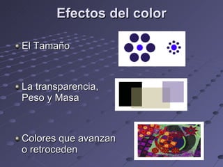 Efectos del color El Tamaño La transparencia, Peso y Masa Colores que avanzan o retroceden 