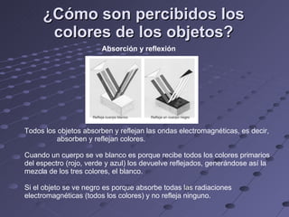 ¿Cómo son percibidos los colores de los objetos? Absorción y reflexión Todos los objetos absorben y reflejan las ondas electromagnéticas, es decir,  absorben y reflejan colores. Cuando un cuerpo se ve blanco es porque recibe todos los colores primarios del espectro (rojo, verde y azul) los devuelve reflejados, generándose así la mezcla de los tres colores, el blanco. Si el objeto se ve negro es porque absorbe todas las radiaciones electromagnéticas (todos los colores) y no refleja ninguno. 