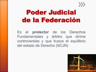 Es el protector de los Derechos
Fundamentales y árbitro que dirime
controversias y que busca el equilibrio
del estado de Derecho (SCJN)
Poder Judicial
de la Federación
 
