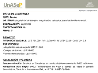 DATOS DE LA EMPRESA 
GIRO: Tambo 
OBJETIVO: Adquisición de equipos, maquinarias, vehículos y realización de obra civil. 
LOCALIZACIÓN: Canelones 
EMPRESA NUEVA: No 
MYPE: Si 
PROYECTO 
INVERSIÓN ELEGIBLE: U$S 161.000 (UI 1.322.500) Tc U$S= 23.00 Cotiz. UI= 2.8 
DESCRIPCIÓN: 
• Ampliación sala de ordeñe: U$S 81.000 
•Compra de tractor: U$S 35.000 
•Paneles fotovoltaicos: U$S 45.000 
INDICADORES UTILIZADOS 
Descentralización: Se ubica en Canelones en una localidad con menos de 5.000 habitantes 
Producción mas limpia (P+L): Incorporación de VSD a bomba de vacío y paneles fotovoltaicos. Total de la Inversión en P+L, 410.714 UI (U$S 50.000) 
Ejemplo: Agropecuario  