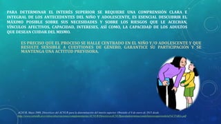 PARA DETERMINAR EL INTERÉS SUPERIOR SE REQUIERE UNA COMPRENSIÓN CLARA E
INTEGRAL DE LOS ANTECEDENTES DEL NIÑO Y ADOLESCENTE, ES ESENCIAL DESCUBRIR EL
MÁXIMO POSIBLE SOBRE SUS NECESIDADES Y SOBRE LOS RIESGOS QUE LE ACECHAN,
VÍNCULOS AFECTIVOS, CAPACIDAD, INTERESES, ASÍ COMO, LA CAPACIDAD DE LOS ADULTOS
QUE DESEAN CUIDAR DEL MISMO.
ES PRECISO QUE EL PROCESO SE HALLE CENTRADO EN EL NIÑO Y/O ADOLESCENTE Y QUE
RESULTE SENSIBLE A CUESTIONES DE GÉNERO, GARANTICE SU PARTICIPACIÓN Y SE
MANTENGA UNA ACTITUD PREVISORA.
ACNUR, Mayo 2008, Directrices del ACNUR para la determinación del interés superior. Obtenido el 8 de enero de 2015 desde
http://www.corteidh.or.cr/sitios/observaciones/complementarias/ACNUR/DirectricesACNURparaladeterminaciondelinteressuperiordelni%C3%B1o.pdf
 