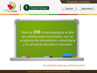 Más de 200 niños educados al año
  en instalaciones de primera, con un
 programa de alimentación comunitaria
   y un proyecto educativo innovador.


Un ambiente para que soñemos juntos.


                              Un ambiente para que soñemos juntos

       !Construyamos juntos un mundo más feliz! Gracias por estar aquí
 