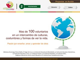 Mas de 100 voluntarios
         en un intercambio de culturas,
    costumbres y formas de ver la vida.
       Pasión por enseñar, amar y aprender de otros



Biblioteca Rumenigue Perea Padilla, El Hogar de la Luz, La Institución Educativa de Montebello, La Institución Educativa Golondrinas,
                La Institución Educativa La Paz, La Fundación Fanalca, La Fundación Arboledas, La Fundación Sidoc,
                      Religiosas Adoratrices Centro Juvenil Micaelino y El Instituto Oscar Scarpetta entre otros.

                                   !Construyamos juntos un mundo más feliz! Gracias por estar aquí
 