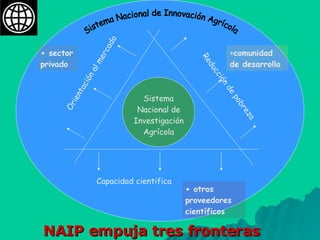 Orientación al mercado Reducción de pobreza Capacidad cientifica Sistema Nacional de Investigación Agrícola NAIP empuja tres fronteras + sector privado + comunidad de desarrollo + otros proveedores científicos Sistema Nacional de Innovación Agrícola 