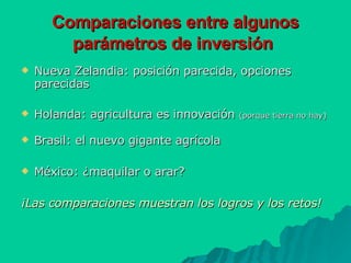 Comparaciones entre algunos parámetros de inversión   Nueva Zelandia: posición parecida, opciones parecidas Holanda: agricultura es innovación  (porque tierra no hay) Brasil: el nuevo gigante agrícola México: ¿maquilar o arar? ¡Las comparaciones muestran los logros y los retos!   