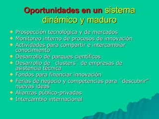 Oportunidades en un   sistema dinámico y maduro Prospección tecnológica y de mercados Monitoreo interno de procesos de innovación  Actividades para compartir e intercambiar conocimiento  Desarrollo de parques científicos Desarrollo de ¨clusters¨ de empresas de asistencia técnica Fondos para financiar innovación Ferias de negocio y competencias para ¨descubrir” nuevas ideas Alianzas público-privadas Intercambio internacional 