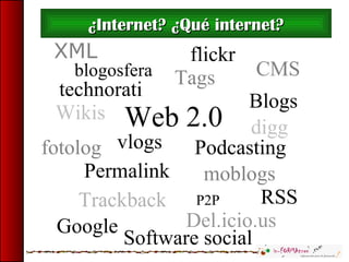 Software social
XML
Wikis
digg
RSS
Blogs
Podcasting
moblogs
P2P
Del.icio.usGoogle
Web 2.0
flickr
vlogs
technorati
blogosfera
Trackback
Permalink
Tags
fotolog
CMS
¿Internet? ¿Qué internet?¿Internet? ¿Qué internet?
 