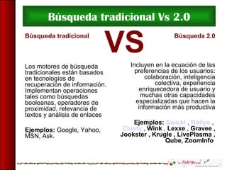 Búsqueda tradicional Vs 2.0
Búsqueda tradicional
Los motores de búsqueda
tradicionales están basados
en tecnologías de
recuperación de información.
Implementan operaciones
tales como búsquedas
booleanas, operadores de
proximidad, relevancia de
textos y análisis de enlaces
Ejemplos: Google, Yahoo,
MSN, Ask.
Búsqueda 2.0
Incluyen en la ecuación de las
preferencias de los usuarios:
colaboración, inteligencia
colectiva, experiencia
enriquecedora de usuario y
muchas otras capacidades
especializadas que hacen la
información más productiva
Ejemplos: Swicki , Rollyo ,
Clusty , Wink , Lexxe , Gravee ,
Jookster , Krugle , LivePlasma ,
Qube, ZoomInfo
VS
 