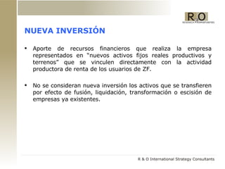 NUEVA INVERSIÓN Aporte de recursos financieros que realiza la empresa representados en “nuevos activos fijos reales productivos y terrenos” que se vinculen directamente con la actividad productora de renta de los usuarios de ZF. No se consideran nueva inversión los activos que se transfieren por efecto de fusión, liquidación, transformación o escisión de empresas ya existentes. 