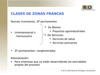 CLASES DE ZONAS FRANCAS Nuevas inversiones: ZF permanentes Uniempresarial o  monousuario ZF permanentes: conglomerados Relocalización:  Para empresas que ya están desarrollando las actividades propias del proyecto De Bienes: Proyectos agroindustriales De Servicios: Servicios de salud Servicios portuarios 