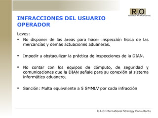 INFRACCIONES DEL USUARIO OPERADOR Leves:  No disponer de las áreas para hacer inspección física de las mercancías y demás actuaciones aduaneras. Impedir u obstaculizar la práctica de inspecciones de la DIAN. No contar con los equipos de cómputo, de seguridad y comunicaciones que la DIAN señale para su conexión al sistema informático aduanero. Sanción: Multa equivalente a 5 SMMLV por cada infracción 