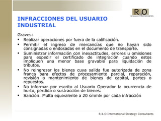 INFRACCIONES DEL USUARIO INDUSTRIAL Graves:  Realizar operaciones por fuera de la calificación. Permitir el ingreso de mercancías que no hayan sido consignadas o endosadas en el documento de transporte. Suministrar información con inexactitudes, errores u omisiones para expedir el certificado de integración cuando estos impliquen una menor base gravable para liquidación de tributos. No reingresar los bienes cuya salida fue autorizada de zona franca para efectos de procesamiento parcial, reparación, revisión o mantenimiento de bienes de capital, partes o repuestos.  No informar por escrito al Usuario Operador la ocurrencia de hurto, pérdida o sustracción de bienes. Sanción: Multa equivalente a 20 smmlv por cada infracción 
