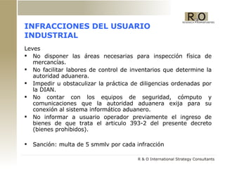 INFRACCIONES DEL USUARIO INDUSTRIAL Leves No disponer las áreas necesarias para inspección física de mercancías. No facilitar labores de control de inventarios que determine la autoridad aduanera. Impedir u obstaculizar la práctica de diligencias ordenadas por la DIAN. No contar con los equipos de seguridad, cómputo y comunicaciones que la autoridad aduanera exija para su conexión al sistema informático aduanero. No informar a usuario operador previamente el ingreso de bienes de que trata el articulo 393-2 del presente decreto (bienes prohibidos). Sanción: multa de 5 smmlv por cada infracción 