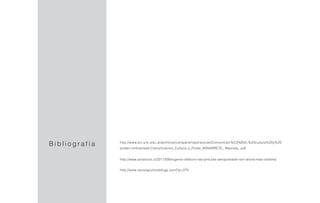 B i b l i o g r a f í a http://www.eci.unc.edu.ar/archivos/companam/ponencias/Comunicaci%C3%B3n,%20cultura%20y%20
poder/-Unlicensed-Comunicacion_Cultura_y_Poder_NAVARRETE_-Marcela_.pdf
http://www.artishock.cl/2011/09/eugenio-dittborn-las-pinturas-aeropostales-son-ahora-mas-visibles/
http://www.revistapuntodefuga.com/?p=275
 