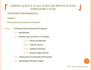 FORMULACIÓN Y EVALUACIÓN DE PROYECTOS DE INFRAESTRUCTURACONTENIDO PROGRAMATICO:UNIDAD I	El proceso de Formulación de ProyectosTema 3.-  	El Proceso de Formulación de Proyectos:3.1.-  Identificación.3.2.-  Estudios que Conforman un Proyecto:3.2.1.-  Estudio de Mercado. 3.2.2.-  Estudio Técnico. 3.2.3.-  Estudio Financiero.3.2.4.-  Estudio Organizacional. 3.2.-  Fases para la Formulación de Proyectos. 3.2.-  Metodología del Marco Lógico.PROF.  MSC. ING. ROBERT OBERTO