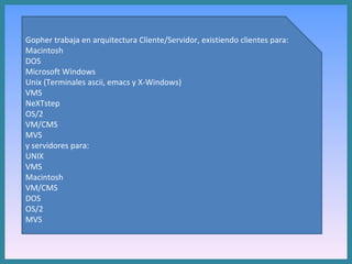 Gopher trabaja en arquitectura Cliente/Servidor, existiendo clientes para: Macintosh  DOS  Microsoft Windows  Unix (Terminales ascii, emacs y X-Windows)  VMS  NeXTstep  OS/2  VM/CMS  MVS  y servidores para: UNIX  VMS  Macintosh  VM/CMS  DOS  OS/2  MVS  