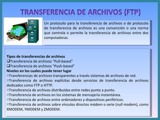 Un protocolo para la transferencia de archivos o de protocolo de transferencia de archivos es una convención o una norma que controla o permite la transferencia de archivos entre dos computadoras. Tipos de transferencias de archivos  Transferencia de archivos "Pull-based" Transferencia de archivos "Push-based" Niveles en los cuales puede tener lugar Transferencias de archivos transparentes a través sistemas de archivos de red.  Transferencia de archivos explícitas desde servicios de transferencia de archivos dedicados como FTP o HTTP.  Transferencia de archivos distribuidas entre redes punto a punto.  Transferencia de archivos en los sistemas de mensajería instantánea.  Transferencia de archivos entre ordenadores y dispositivos periféricos.  Transferencia de archivos sobre vínculos directos módem o serie (null modem), como XMODEM, YMODEM y ZMODEM.  