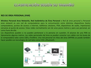 RED DE ÁREA PERSONAL ( PAN ) Wireless Personal Area Networks ,  Red Inalámbrica de Área Personal  o  Red de área personal  o  Personal area network  es una red de computadoras para la comunicación entre distintos dispositivos (tanto computadoras, puntos de acceso a internet, teléfonos celulares, PDA, dispositivos de audio, impresoras) cercanos al punto de acceso. Estas redes normalmente son de unos pocos metros y para uso personal, así como fuera de ella.  Los dispositivos pueden o no pueden pertenecer a la persona en cuestión. El alcance de una PAN es típicamente algunos metros. Las redes personales del área se pueden conectar con cables con los buses de la computadora tales como USB y FireWire. Una red personal sin hilos del área (WPAN) se puede también hacer posible con tecnologías de red tales como IrDA y Bluetooth. 