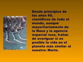 Desde principios de los años 60, científicos de todo el mundo, aunque mayoritariamente de la Nasa y la agencia espacial rusa, tratan de averiguar si es posible la vida en el planeta más similar al nuestro: Marte. 