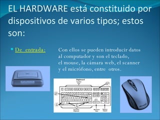EL HARDWARE está constituido por dispositivos de varios tipos; estos son: De  entrada: Con ellos se pueden introducir datos  al computador y son el teclado,  el mouse, la cámara web, el scanner  y el micrófono, entre  otros. 