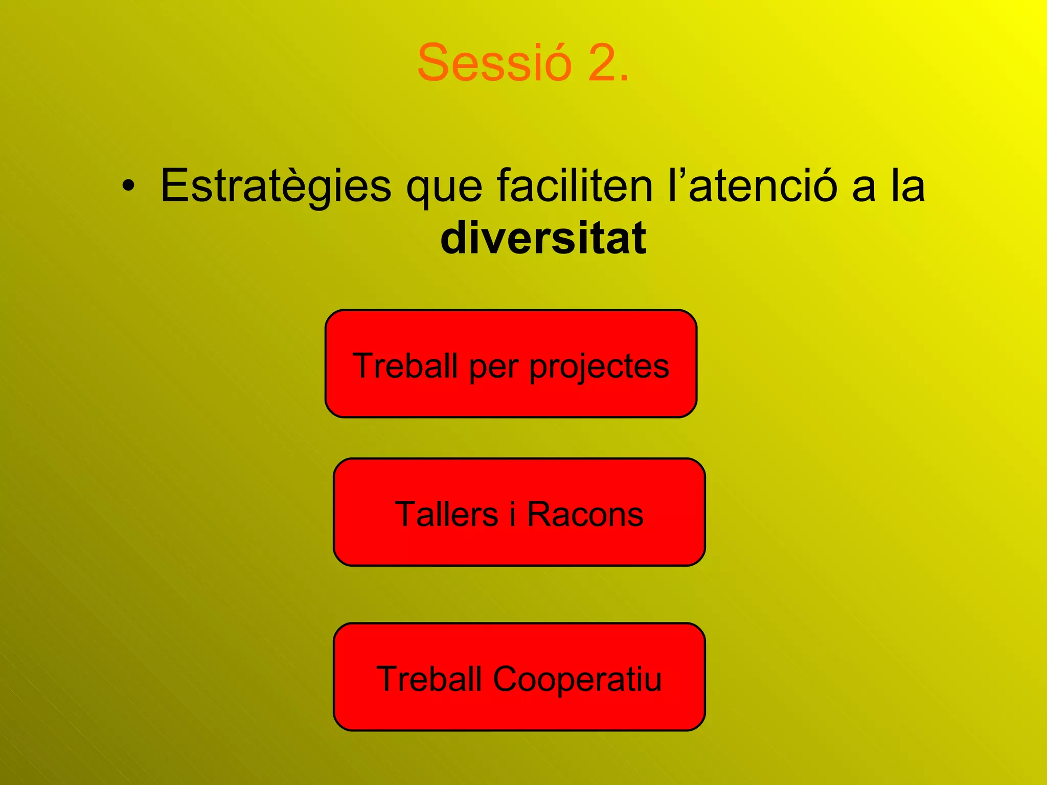 Sessió 2. Estratègies que faciliten l’atenció a la  diversitat Treball per projectes Tallers i Racons Treball Cooperatiu 