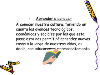 Aprender a conocer A conocer nuestra cultura, teniendo en cuenta los avances tecnológicos, económicos y sociales por los que esta pasa; esto nos permitirá aprender nuevas cosas a lo largo de nuestras vidas, es decir, nos educaremos permanentemente. 