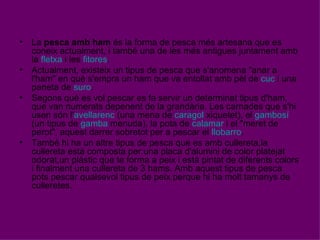 La  pesca amb ham  és la forma de pesca més artesana que es coneix actualment, i també una de les més antigues juntament amb la  fletxa  i les  fitores . Actualment, existeix un tipus de pesca que s'anomena "anar a l'ham" en què s'empra un ham que va entollat amb pèl de  cuc  i una paneta de  suro . Segons què es vol pescar es fa servir un determinat tipus d'ham, que van numerats depenent de la grandària. Les carnades que s'hi usen són l' avellarenc  (una mena de  caragol  xiquetet), el  gambosí  (un tipus de  gamba  menuda), la pota de  calamar  i el "meret de perot", aquest darrer sobretot per a pescar el  llobarro . També hi ha un altre tipus de pesca que es amb cullereta,la cullereta està composta per:una placa d'alumini de color platejat odorat,un plàstic que te forma a peix i està pintat de diferents colors i finalment una cullereta de 3 hams. Amb aquest tipus de pesca pots pescar qualsevol tipus de peix perque hi ha molt tamanys de culleretes. 