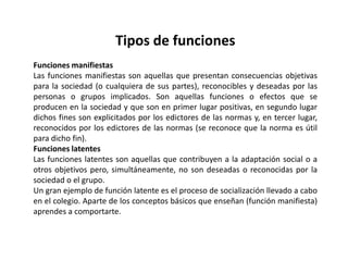 Teoría sociológicaTeoría funcional-estructuralistaEs uno de los padres de la escuela estructural-funcionalista. Para Merton, la sociedad es un sistema que está constituido por una estructura que permanece en el tiempo, siendo un sistema un conjunto de elementos interdependientes, en equilibrio y que tienen la posibilidad de crecer. Por este motivo, a la teoría se la ha denominado sistémica.Los elementos que integran el sistema son subsistemas interdependientes, que cumplen funciones sociales necesarias para el funcionamiento, regularidad y estabilidad de todo el sistema. Cada subsistema cumple una función. Si cumple con sus objetivos se le denomina funcional, y, en caso contrario, disfuncional.Merton considera a la estructura como un sistema de relaciones relativamente estables entre las partes de un conjunto, y la estabilidad deriva de la permanencia de los actos sociales más allá de las personas.