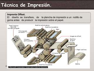 Técnica de Impresión.
  Imprenta Offset.
  El diseño se transfiere, de la plancha de impresión a un rodillo de
  goma antes de producir la impresión sobre el papel.




 07/06/09                                                               12
 
