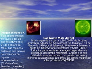 Imagen en Rayos-X
Ésta es una imagen
en rayos-x del Sol                     Una Nueva Vista del Sol
                            Esta imagen de un gas a 1,500,000°C de la tenue
que se obtuvo en el      atmósfera exterior del Sol (corona) fue tomada el 13 de
21 de Febrero de         Marzo de 1996 por el Telescopio Ultravioleta Extremo a
1994. Las regiones         bordo del Observatorio Heliosférico y Solar (SOHO).
brillantes son fuentes      Todos los patrones de esta imagen responden a la
de emisiones de             estructura del campo magnético. Gracias a la alta
                            calidad de este instrumento, se pueden ver más y
rayos-x                  menores características que antes del campo magnético
incrementados.                         solar. (Cortesía ESA/NASA)
(Cortesía Calvin J.
Hamilton, y Yohkoh)
 