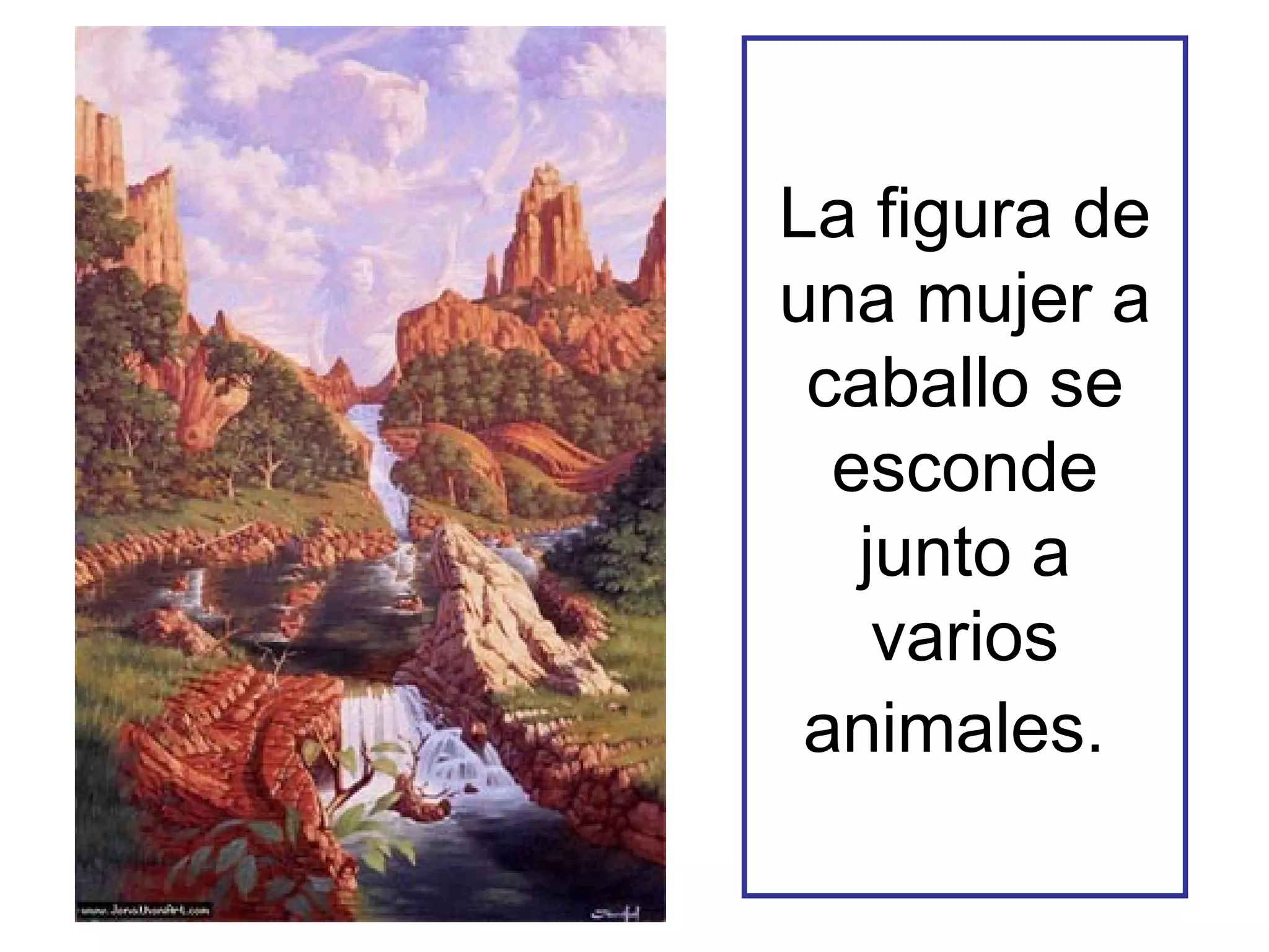 La figura de una mujer a caballo se esconde junto a varios animales.   