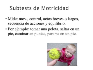 Mide: mov., control, actos breves o largos, secuencia de acciones y equilibrio.  Por ejemplo: tomar una pelota, saltar en un pie, caminar en puntas, pararse en un pie. 