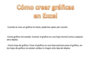 Tipos de gráficos en ExcelGráfico circularEl gráfico circular muestra la contribución de cada valor al total del gráfico. Este tipo de gráfico es una manera muy efectiva de mostrar la relación de las partes con respecto al todo, o los porcentajes de un total.Otros gráficos:Otros gráficos que pueden crearse en Excel 2003 son: Doughnut (Anillos), Stock XY (scatter) [XY (Dispersión)], Bubble (Burbujas), Radar (Radial), Surface (Superficie), Cone (Cónico), Cylinder (Cilíndrico) y Pyramid (Piramidal).
