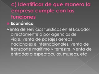 Misión.Alcanzar niveles técnicos, administrativos, financieros-económicos y sociales que permitan a nuestra empresa posicionarnos en el mercado turísticoAsumir con convicción el deber ineludible de satisfacer las necesidades de la colectividad, en el cumplimiento de los fines de la institución, mediante la ejecución de un continuo proceso de modernización 