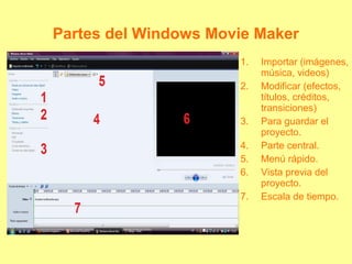 Partes del Windows Movie Maker
1. Importar (imágenes,
música, videos)
2. Modificar (efectos,
títulos, créditos,
transiciones)
3. Para guardar el
proyecto.
4. Parte central.
5. Menú rápido.
6. Vista previa del
proyecto.
7. Escala de tiempo.
 