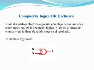 Compuerta  lógica OR ExclusivoEs un dispositivo eléctrico algo mas complejo de las unidades anteriores y realiza la operación lógica (+) en las 2 líneas de entrada y en  la línea de salida muestra el resultado.El símbolo lógico es: