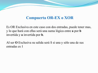 Compuerta OR-EX o XOREs OR Exclusiva en este caso con dos entradas, puede tener mas,  y lo que hará con ellas será una suma lógica entre a por b invertiday a invertidapor b.Al ser O Exclusiva su salida será 1 si una y sólo una de sus entradas es 1