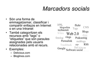 Marcadors socials Són una forma de emmagatzemar, classificar i compartir enllaços en Internet o en una Intranet També categoritzen els recursos amb “tags” o “etiquetes” que són paraules assignades pels usuaris relacionades amb el recurs. Exemples: Delicious.com Bloglines.com 