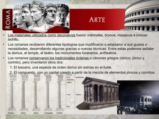 Los materiales utilizados como decorativos  fueron mármoles, bronce, mosaicos e incluso ladrillo. Los romanos recibieron diferentes tipologías que modificaron o adaptaron a sus gustos o necesidades, desarrollando algunas gracias a nuevas técnicas.  Entre estas podemos señalar la domus, el templo, el teatro, los monumentos funerarios, anfiteatros. Los romanos  conservaron los tradicionales órdenes  o cánones griegos (dórico, jónico y corintio), pero inventaron otros dos:  1. El toscano, una especie de orden dórico sin estrías en el fuste. 2. El compuesto, con un capitel creado a partir de la mezcla de elementos jónicos y corintios.  