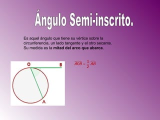 Ángulo Semi-inscrito. Es aquel ángulo que tiene su vértice sobre la circunferencia, un lado tangente y el otro secante.  Su medida es la  mitad del arco que abarca .  E 