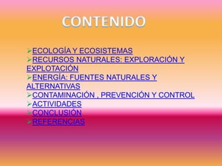 ECOLOGÍA Y ECOSISTEMAS
RECURSOS NATURALES: EXPLORACIÓN Y
EXPLOTACIÓN
ENERGÍA: FUENTES NATURALES Y
ALTERNATIVAS
CONTAMINACIÓN , PREVENCIÓN Y CONTROL
ACTIVIDADES
CONCLUSIÓN
REFERENCIAS
 