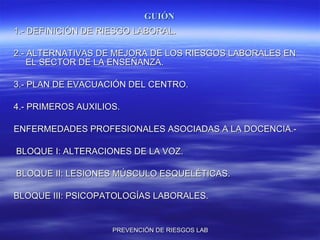 GUIÓN 1.- DEFINICIÓN DE RIESGO LABORAL. 2.- ALTERNATIVAS DE MEJORA DE LOS RIESGOS LABORALES EN EL SECTOR DE LA ENSEÑANZA. 3.- PLAN DE EVACUACIÓN DEL CENTRO. 4.- PRIMEROS AUXILIOS. ENFERMEDADES PROFESIONALES ASOCIADAS A LA DOCENCIA.- BLOQUE I: ALTERACIONES DE LA VOZ. BLOQUE II: LESIONES MÚSCULO ESQUELÉTICAS. BLOQUE III: PSICOPATOLOGÍAS LABORALES. 
