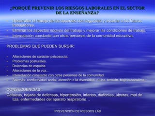 ¿PORQUÉ PREVENIR LOS RIESGOS LABORALES EN EL SECTOR DE LA ENSEÑANZA? Desarrollar el trabajo de los docentes con seguridad y enseñar a los futuros trabajadores. Eliminar los aspectos nocivos del trabajo y mejorar las condiciones de trabajo. Interrelación constante con otras personas de la comunidad educativa. PROBLEMAS QUE PUEDEN SURGIR: Alteraciones de carácter psicosocial. Problemas posturales. Dolencias de espalda. Alteraciones de la voz… Interrelación constante con otras personas de la comunidad. Además: conflictividad social, atención a la diversidad, rutina, tensión, baja autoestima… CONSECUENCIAS: Cefaleas, bajada de defensas, hipertensión, infartos, diafonías, úlceras, mal de tiza, enfermedades del aparato respiratorio… 